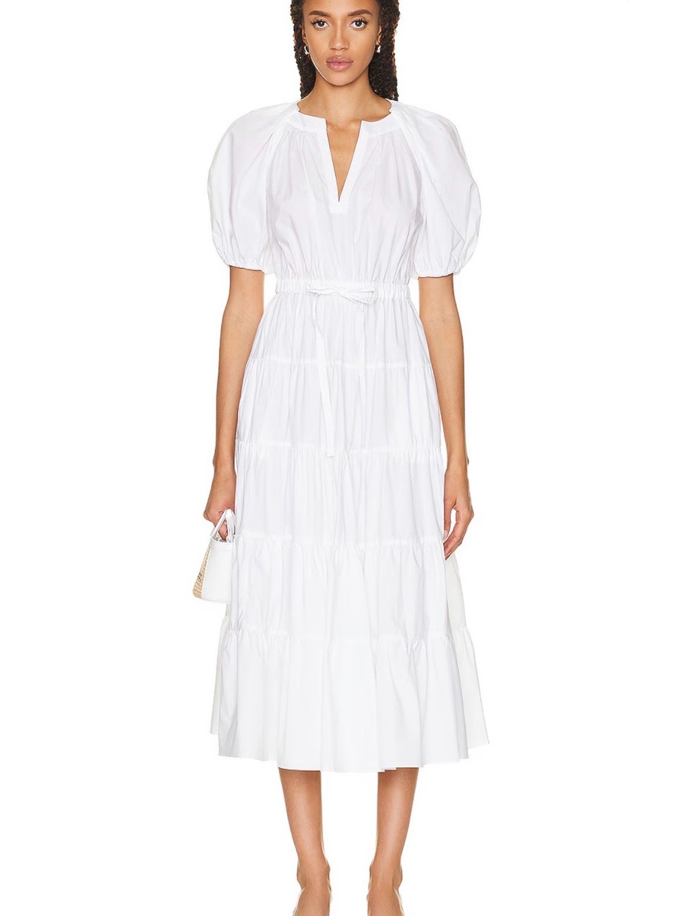 Ulla Johnson White Puff-Sleeve Tiered Midi Olina Dress